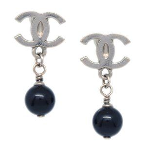 Auth Chanel Piercing Dangle Earrings Silver